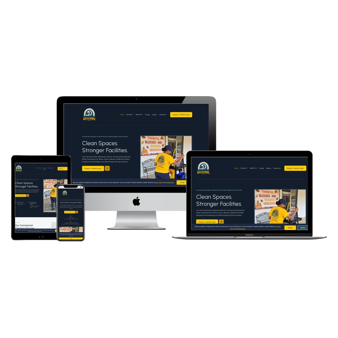 Divine Cleaning and Janitorial website shown on desktop, laptop, tablet and phone