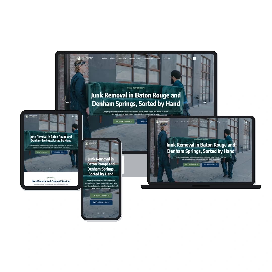 Second Life Cleanouts website shown on desktop, laptop, tablet and phone