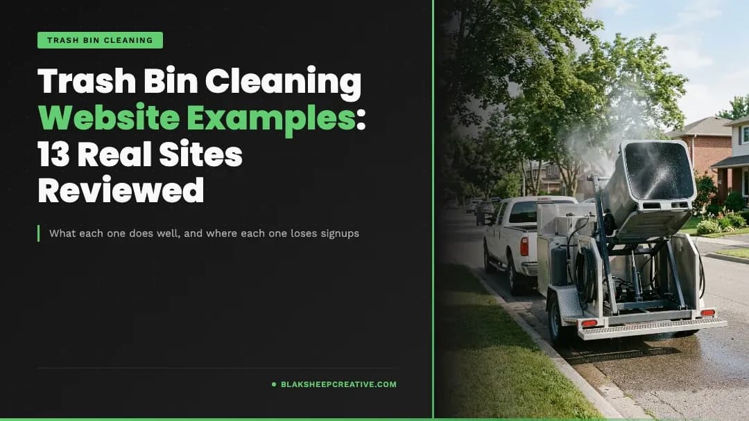 Trash bin cleaning trailer washing a bin on a residential street, beside the headline Trash Bin Cleaning Website Examples: 13 Real Sites Reviewed