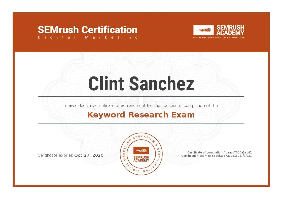 Certificate keyword research exam