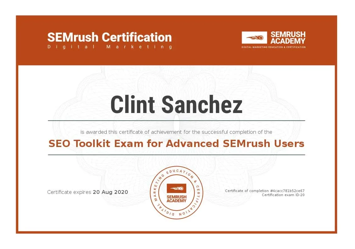 Certificate SEO toolkit exam for advanced semrush users