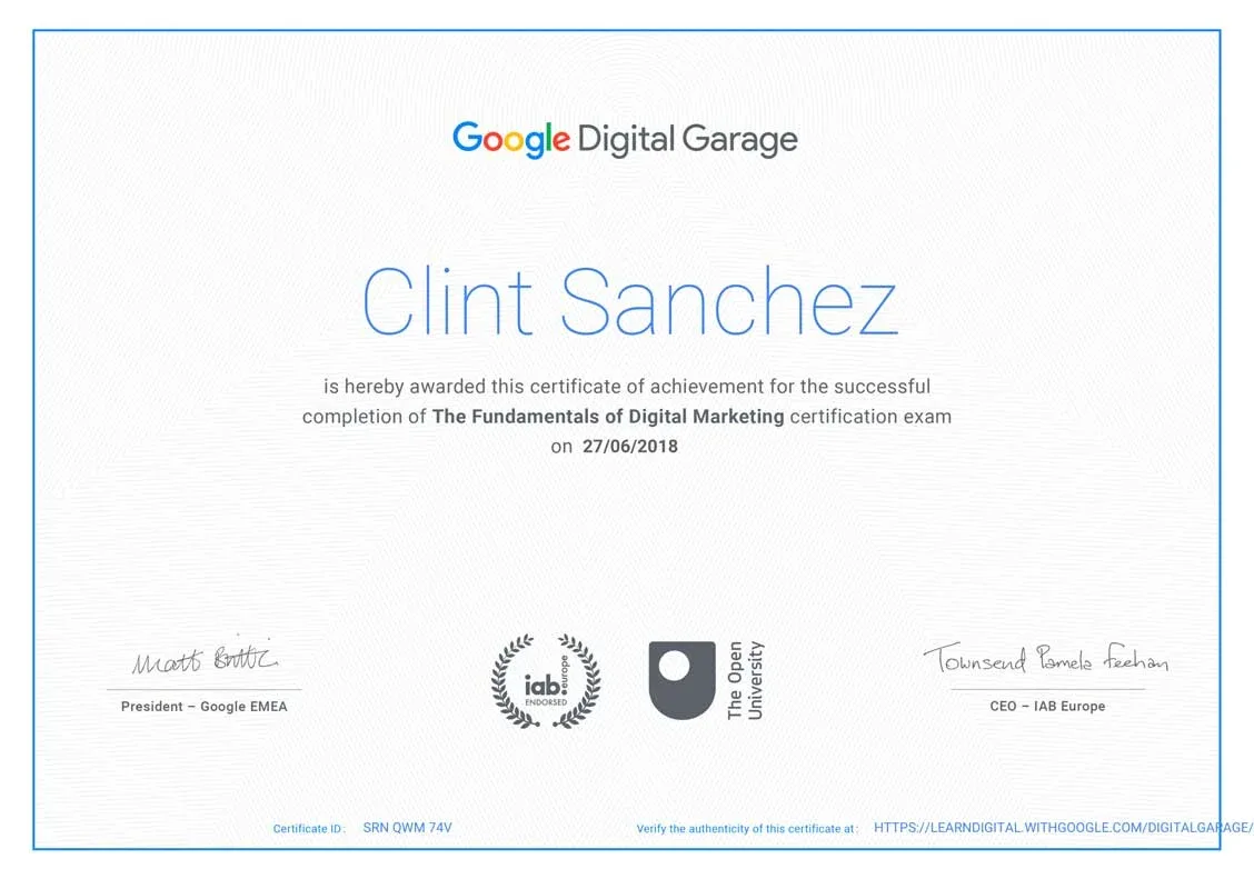 clint sanchez fundamentals of digital marketing certificate