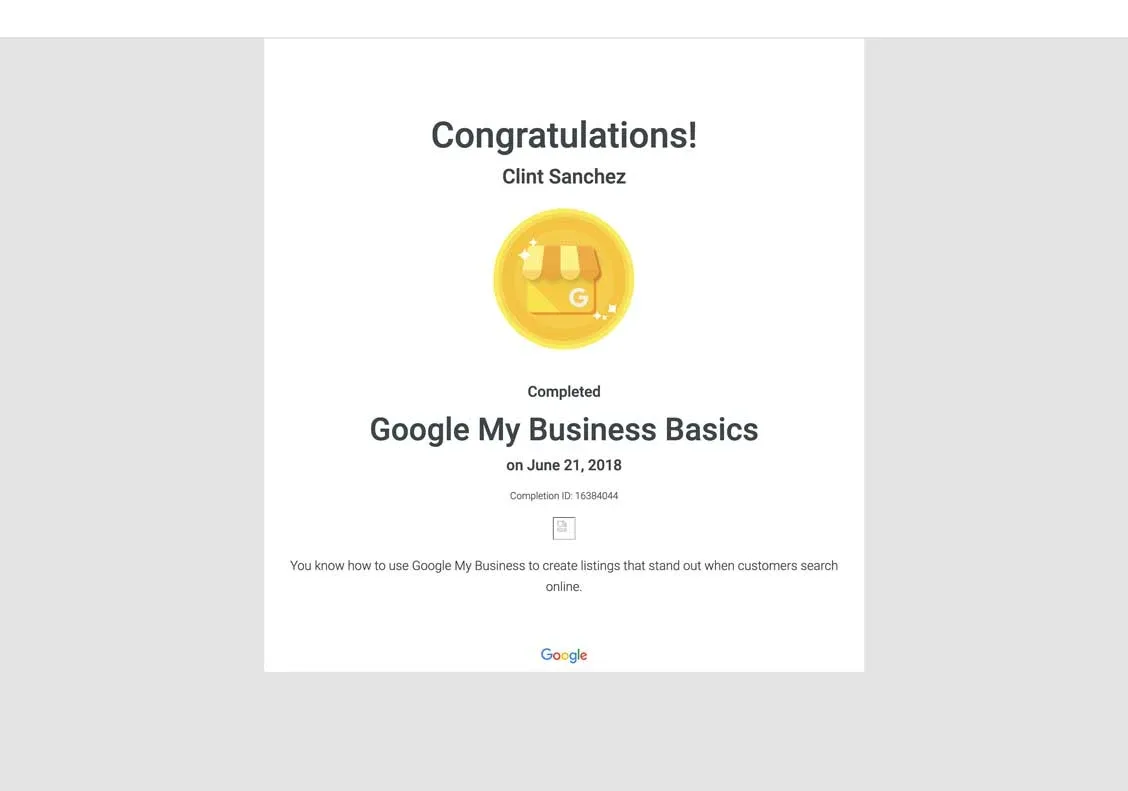 clint sanchez google my business basics course completion certificate