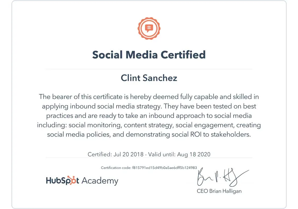 clint sanchez hubspot social media marketing certification