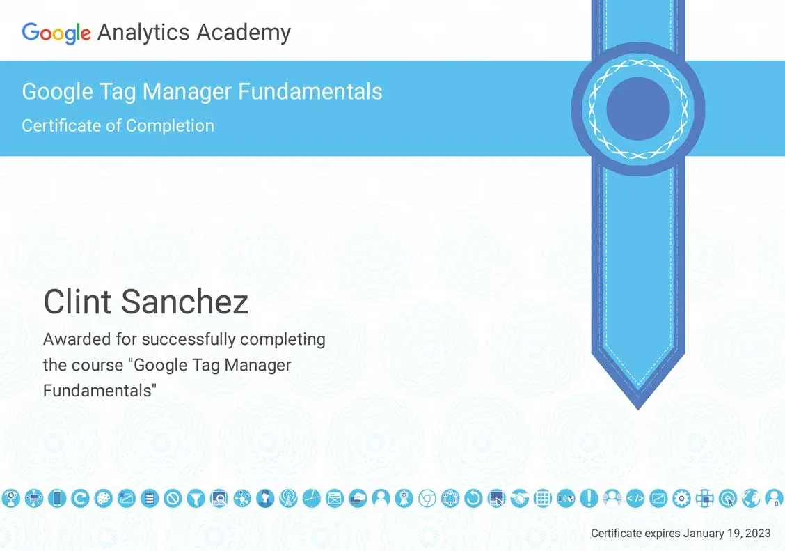 clint sanchez google tag manager fundamentals certificate