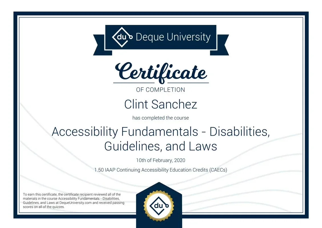 Clint Sanchez Accessibility Fundamentals Disabilities Guidelines and Laws Course Completion Certificate 1