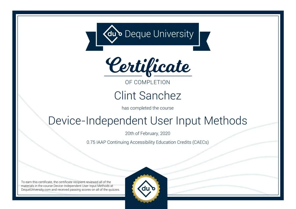 Clint Sanchez Device Independent User Input Methods Course Completion Certificate 1