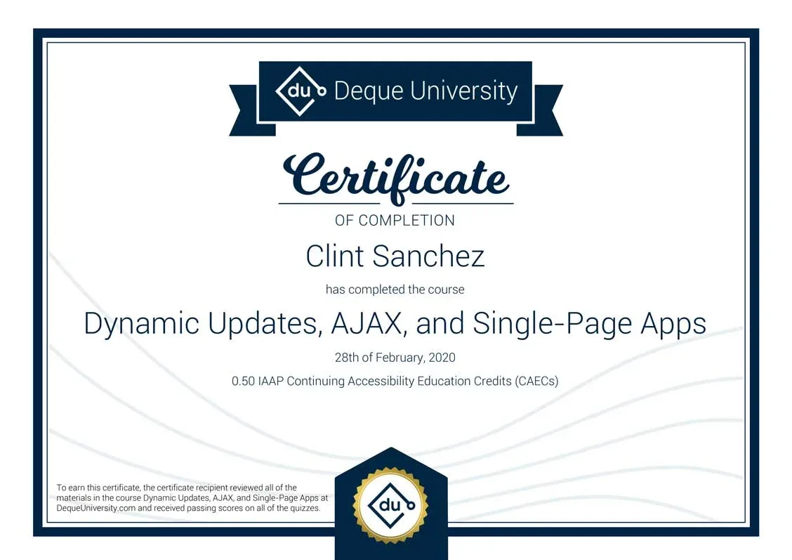 Clint Sanchez Dynamic Updates AJAX and Single Page Apps Course Completion Certificate 1