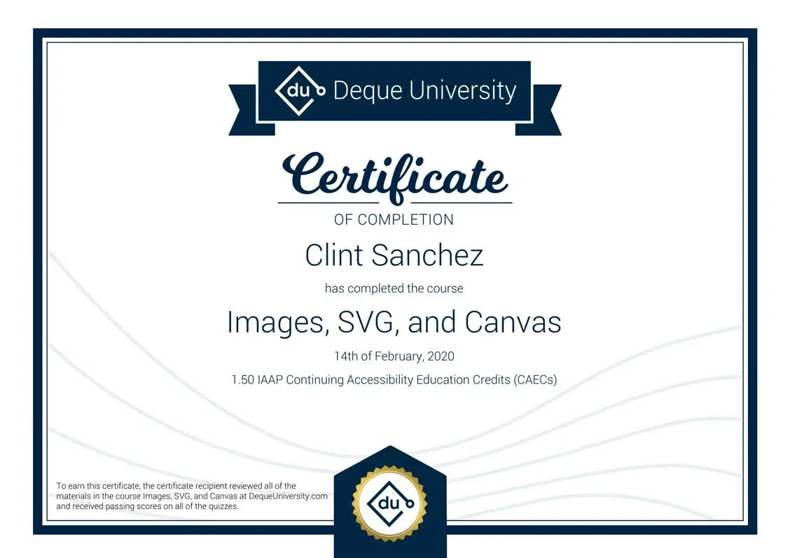 Clint Sanchez Images SVG and Canvas Course Completion Certificate 1