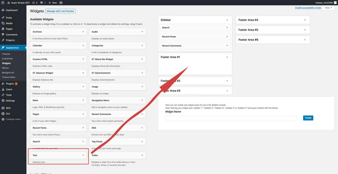 how to add a text widget into the wordpress footer area