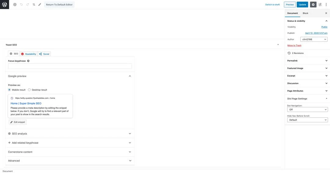 overview of yoast SEO features in the wordpress backend with divi builder