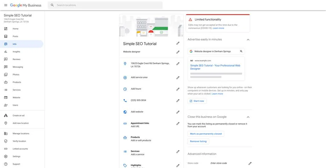simple SEO tutorial demo gmb profile 1