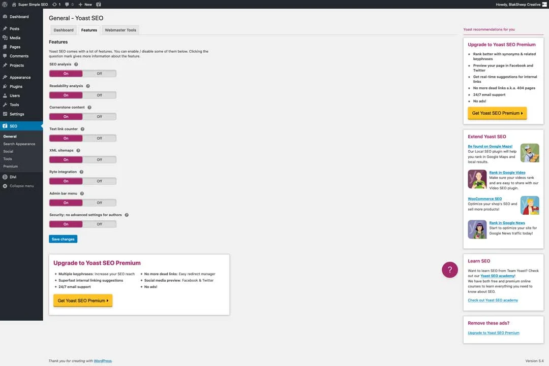 yoast SEO plugin features dashboard