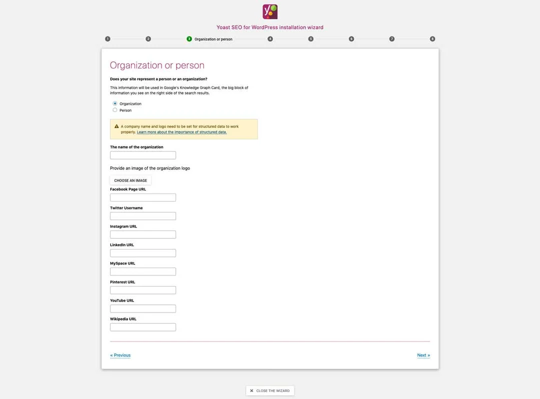 yoast SEO plugin setup organization or person