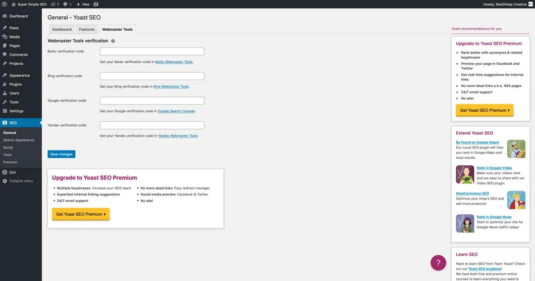 yoast SEO plugin webmaster tools dashboard