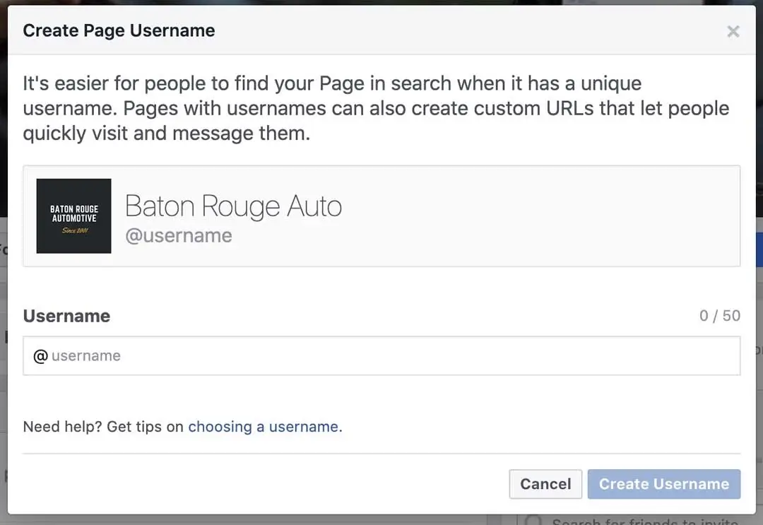 selecting facebook business page vanity url