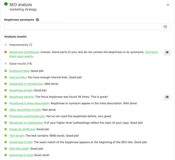 example of a perfect yoast SEO plugin analysis