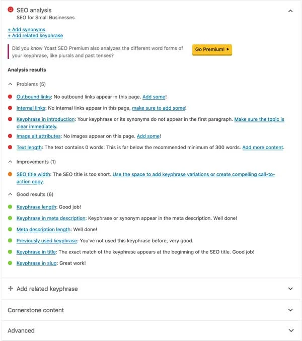 yoast SEO plugin page analysis results