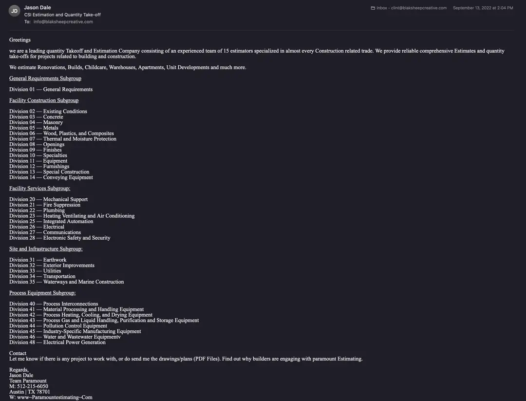 cold email spam for project estimation service