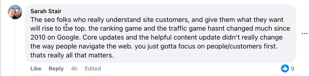 comment by sarah stair highlighting the value of understanding site customers in SEO and the consistency of googles approach since 2010