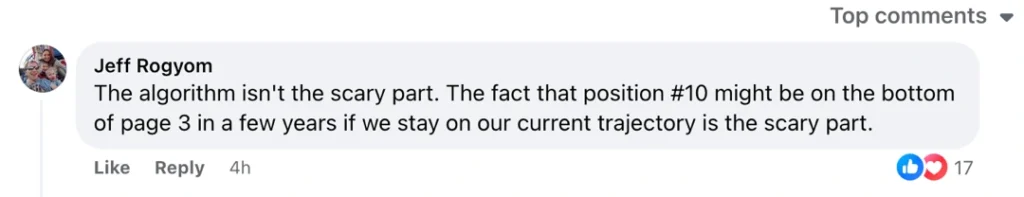 jeff rogyom on a social platform stating concerns about the future of SEO rankings with position 10 potentially dropping to the bottom of page 3 due to changes in search algorithms