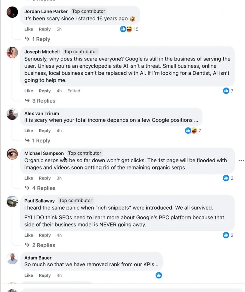 screenshot of comments discussing SEO challenges. contributors including jordan lane parker and joseph mitchell share insights on googles algorithm changes