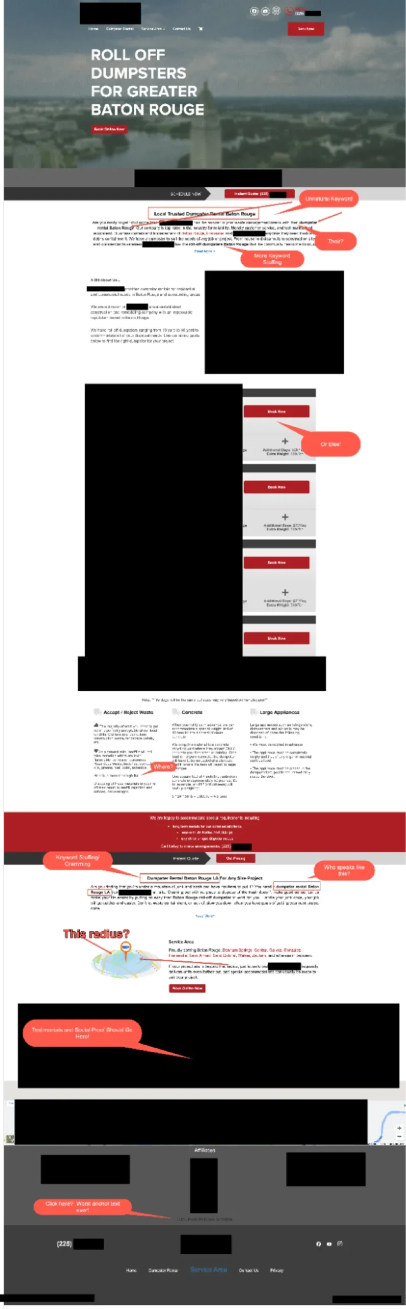 example of roll off dumpster website with horrible SEO