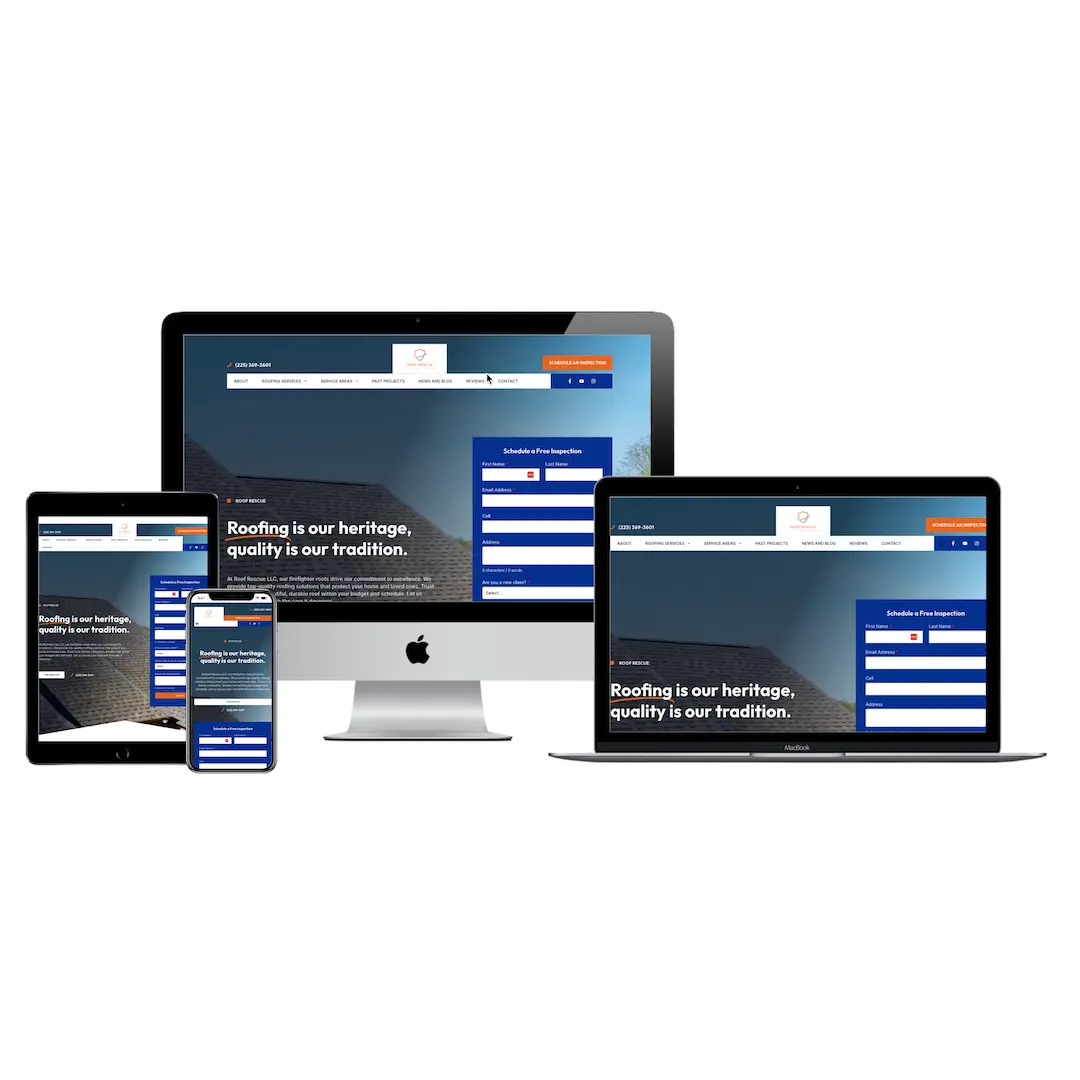 Roof Rescue website shown on desktop, tablet and phone