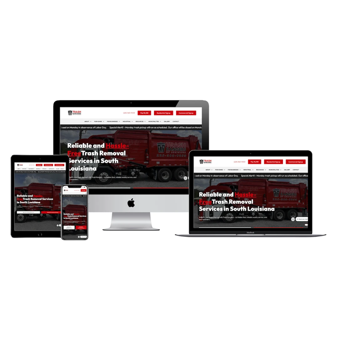 Trash Rangers website shown on desktop, tablet and phone