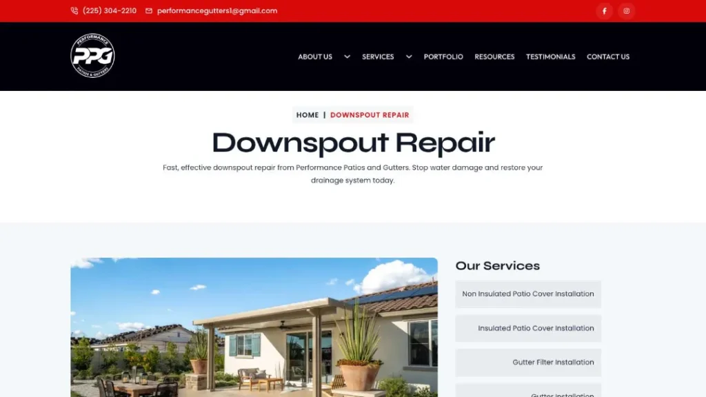 new https performancepatioandgutters.com service downspout repair 