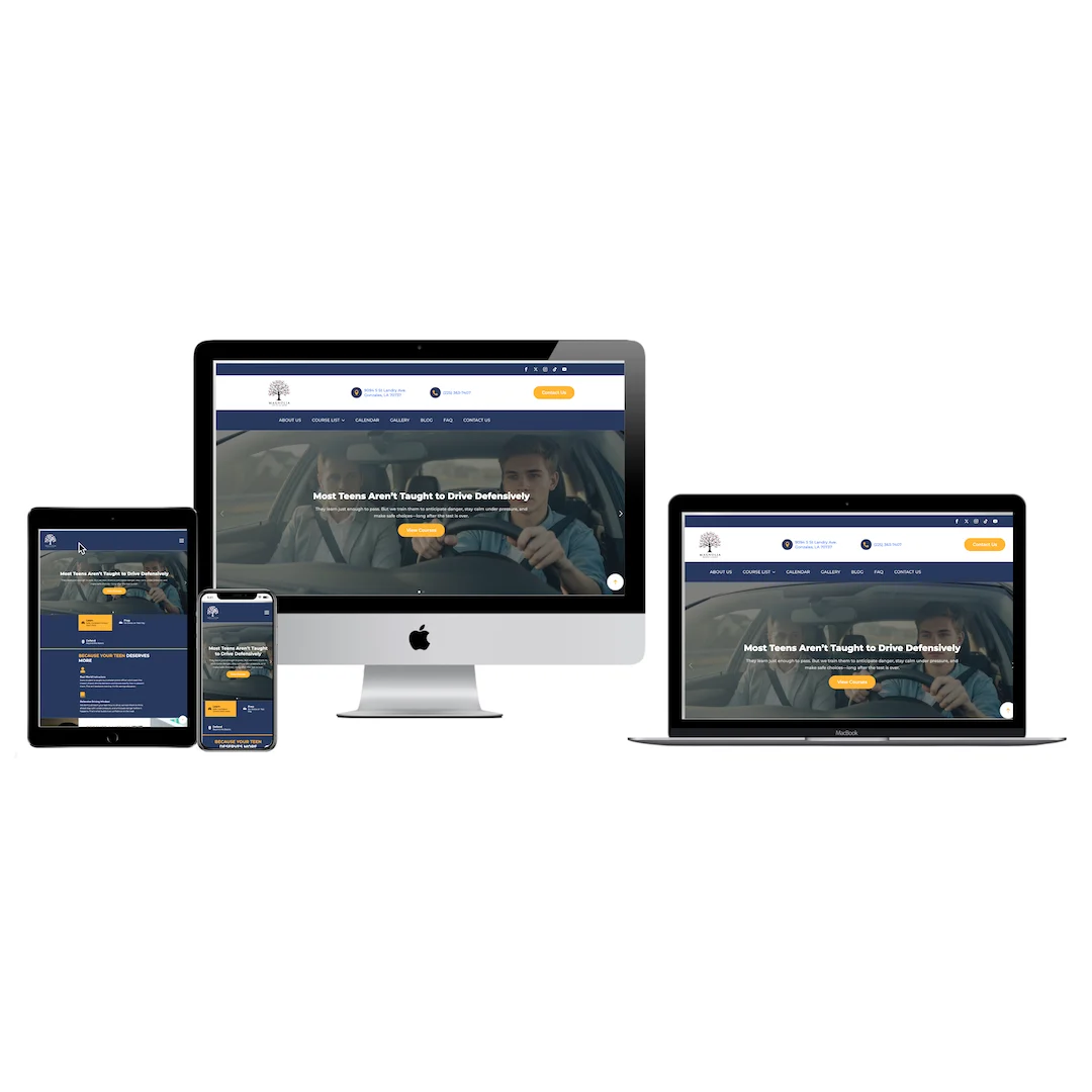 Magnolia Driving Academy website shown on desktop, tablet and phone