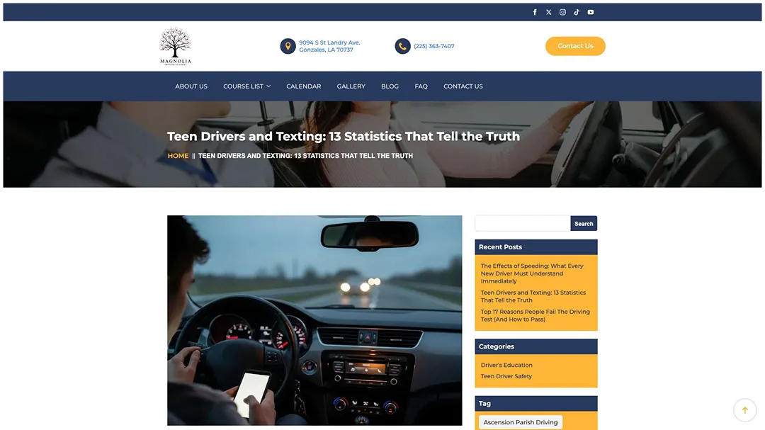 magnoliadrivingacademy.com teen driver safety teen texting driving statistics 