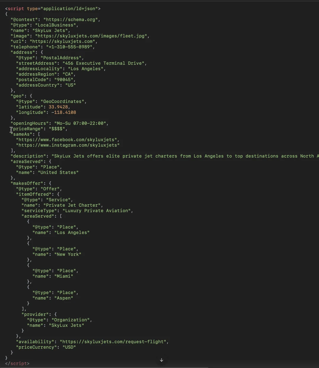structured data localbusiness schema private jet charter skylux jets