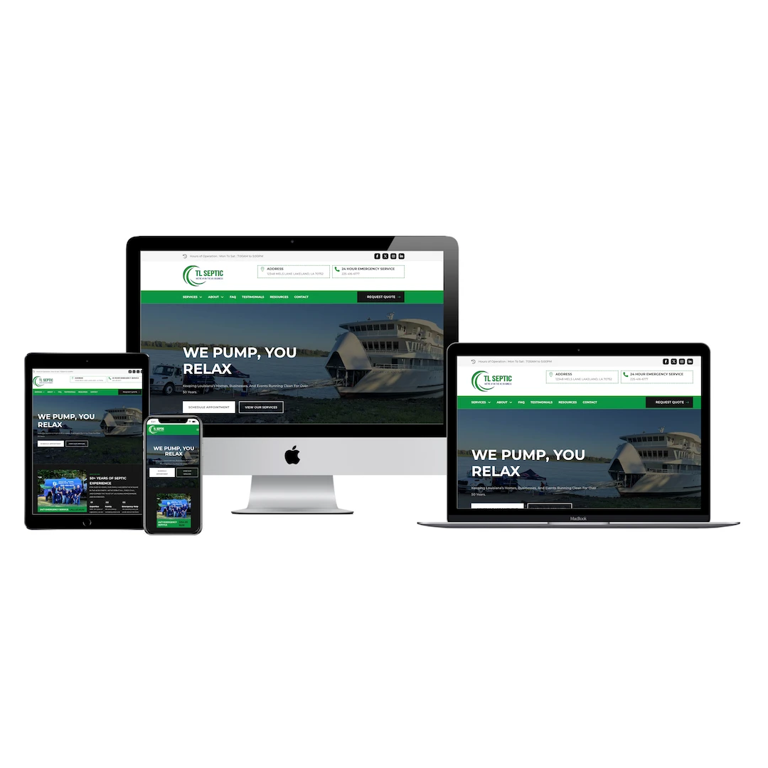 TL Septic Services website shown on desktop, tablet and phone