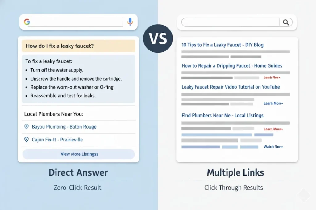 direct answer vs multiple links search results