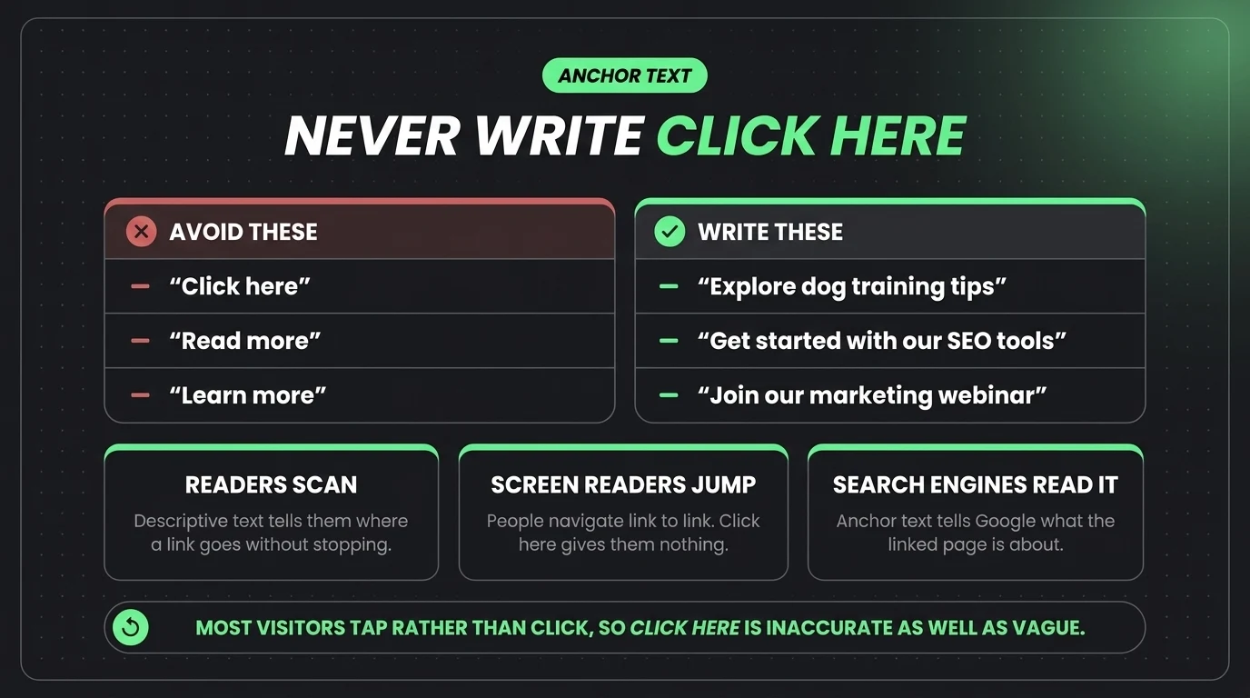 Anchor text to avoid, click here, read more and learn more, against descriptive alternatives, with why it matters to readers, screen reader users, and search engines