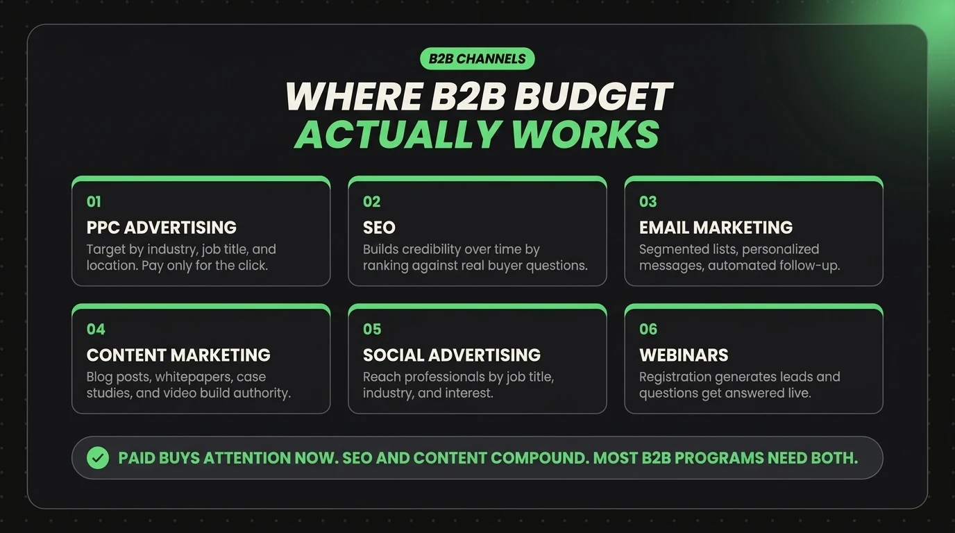 Six B2B marketing channels: PPC advertising, SEO, email marketing, content marketing, social advertising, and webinars, with what each one does
