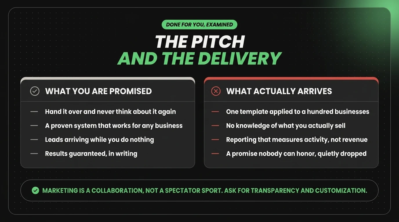 The done for you pitch against what actually arrives: hand it over and never think about it again versus one template applied to a hundred businesses, and results guaranteed versus a promise nobody can honor