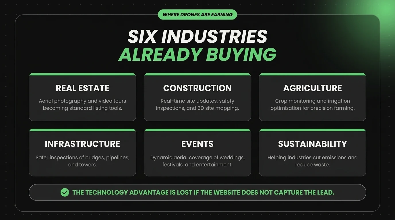 Six industries drone services are changing: real estate, construction, agriculture, infrastructure, events, and sustainability