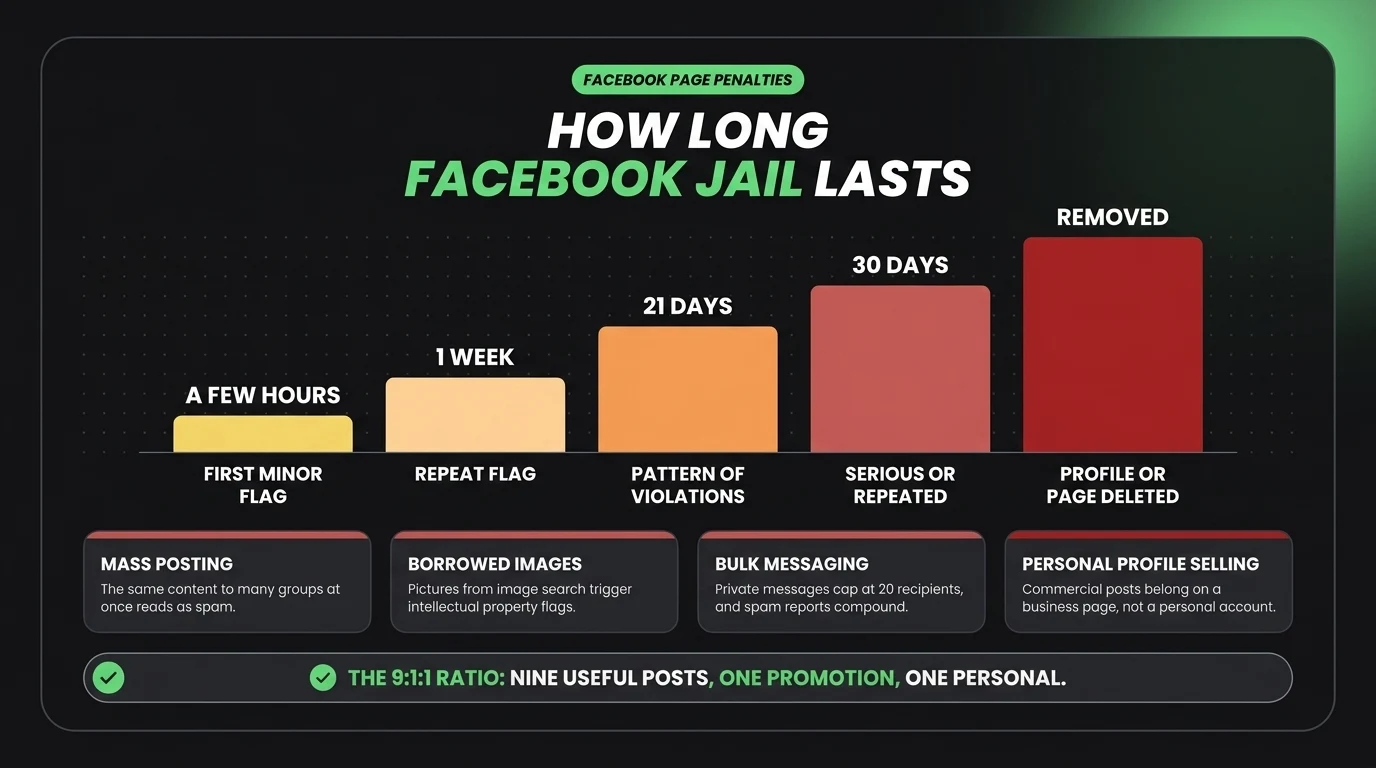 Facebook penalty scale rising from a few hours to one week, 21 days, 30 days and removal, with four common triggers: mass posting, borrowed images, bulk messaging, and selling from a personal profile