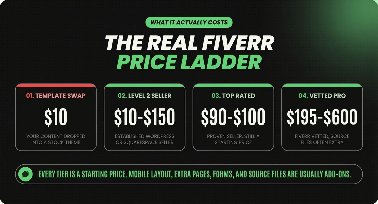 Fiverr web design price ladder: template swap at ten dollars, Level 2 seller ten to one hundred fifty, Top Rated ninety to one hundred, Vetted Pro one hundred ninety-five to six hundred