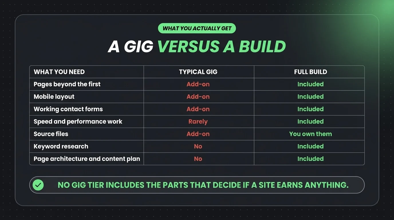 Comparison of a typical Fiverr gig against a full website build across pages, mobile layout, contact forms, speed work, source files, keyword research, and page architecture
