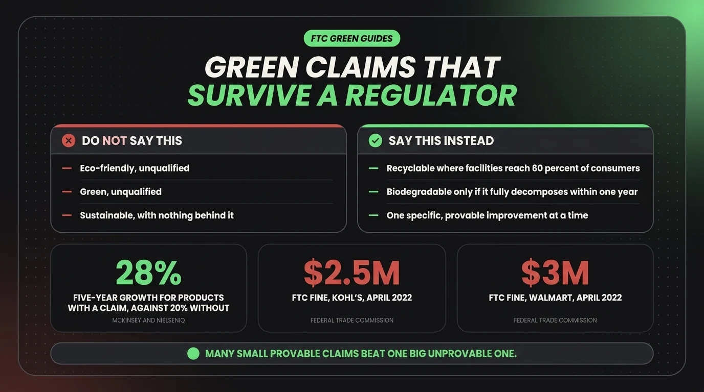 Which environmental marketing claims survive FTC scrutiny: unqualified eco-friendly, green and sustainable claims are prohibited, while recyclable, biodegradable and specific provable claims are allowed under stated conditions, alongside the 2.5 and 3 million dollar FTC fines against Kohl's and Walmart