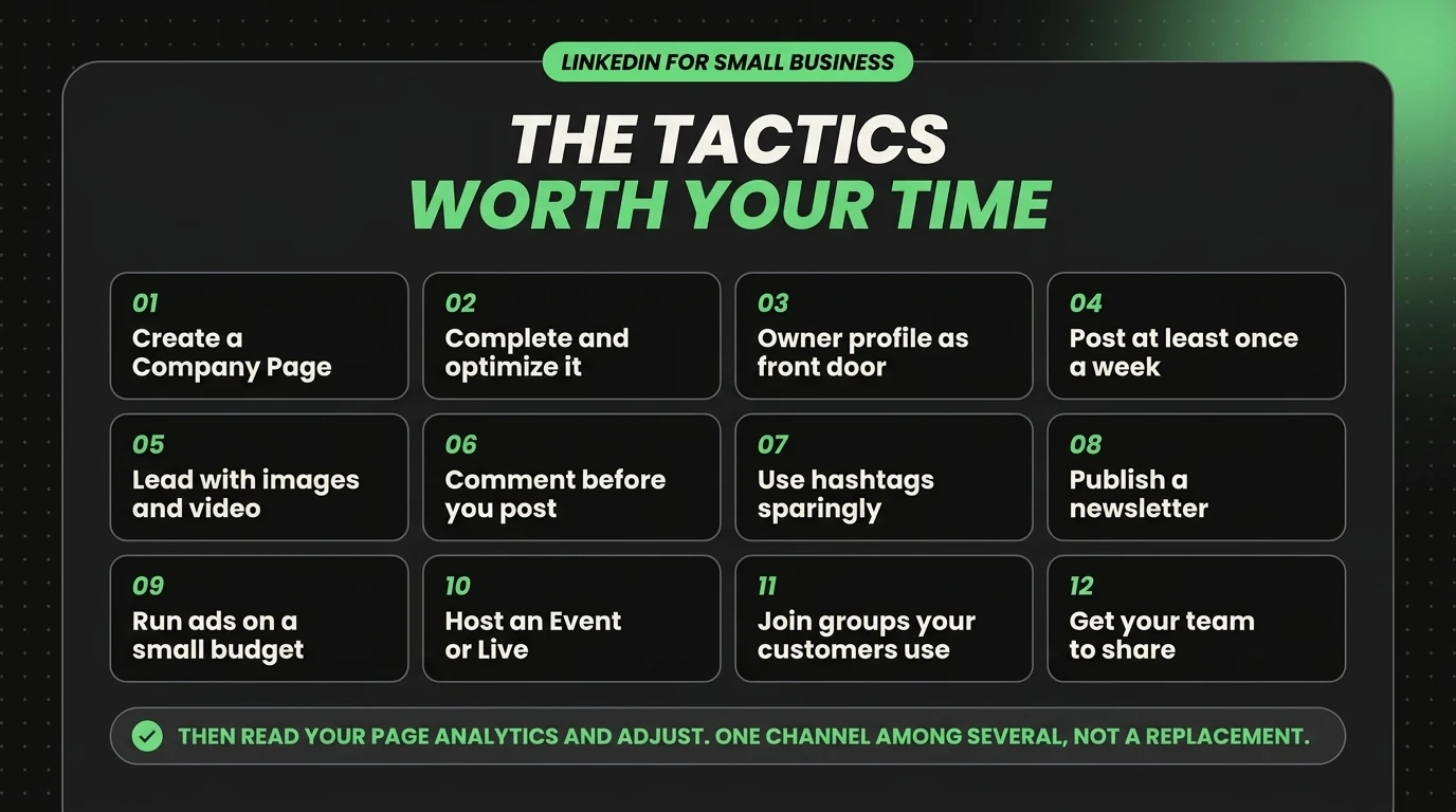 Twelve LinkedIn tactics for a small business: create and complete a Company Page, use the owner profile as the front door, post weekly, lead with images and video, comment before posting, use hashtags sparingly, publish a newsletter, run small-budget ads, host events, join groups, and get the team sharing