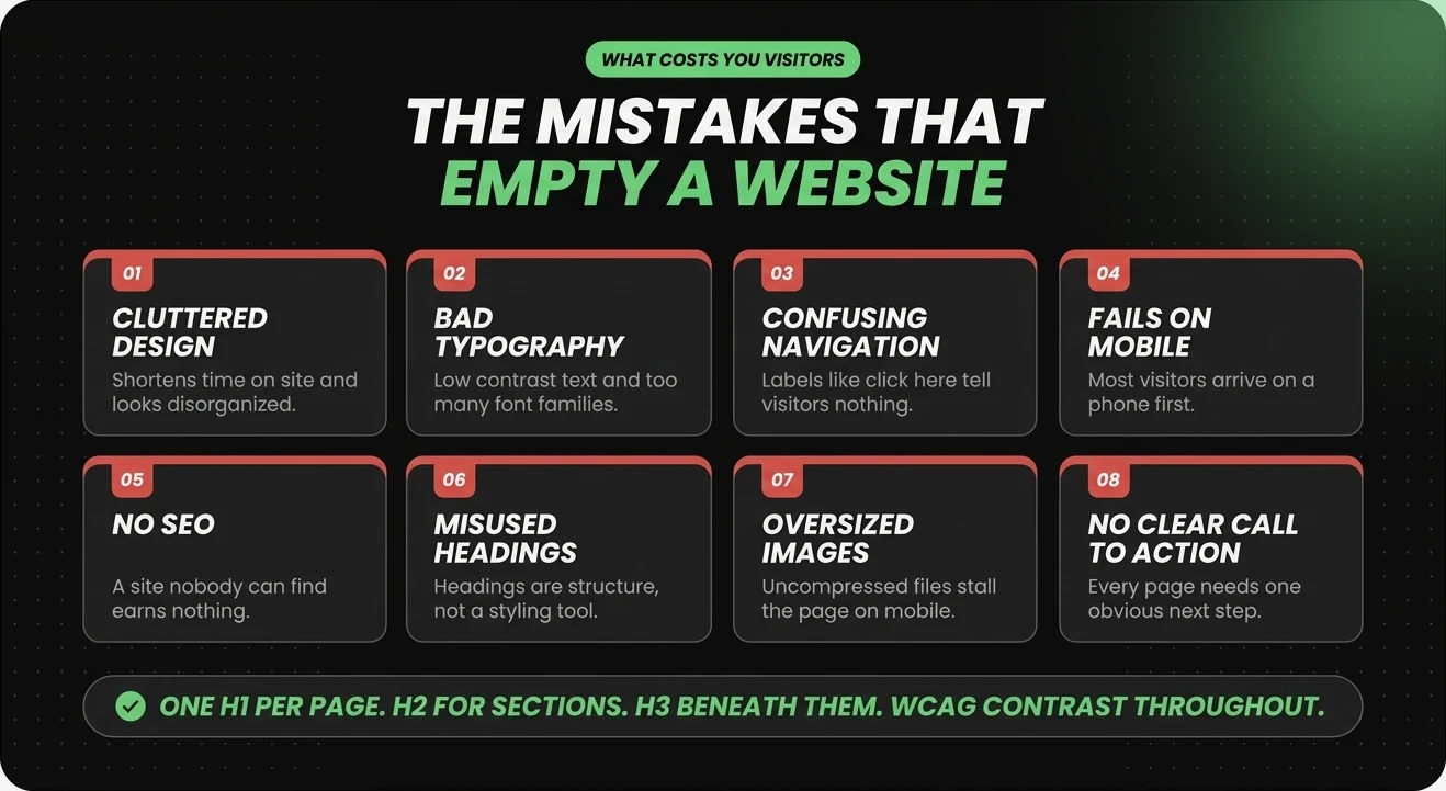 Eight common web design mistakes: cluttered design, bad typography, confusing navigation, mobile failure, no SEO, misused headings, oversized images, and no clear call to action