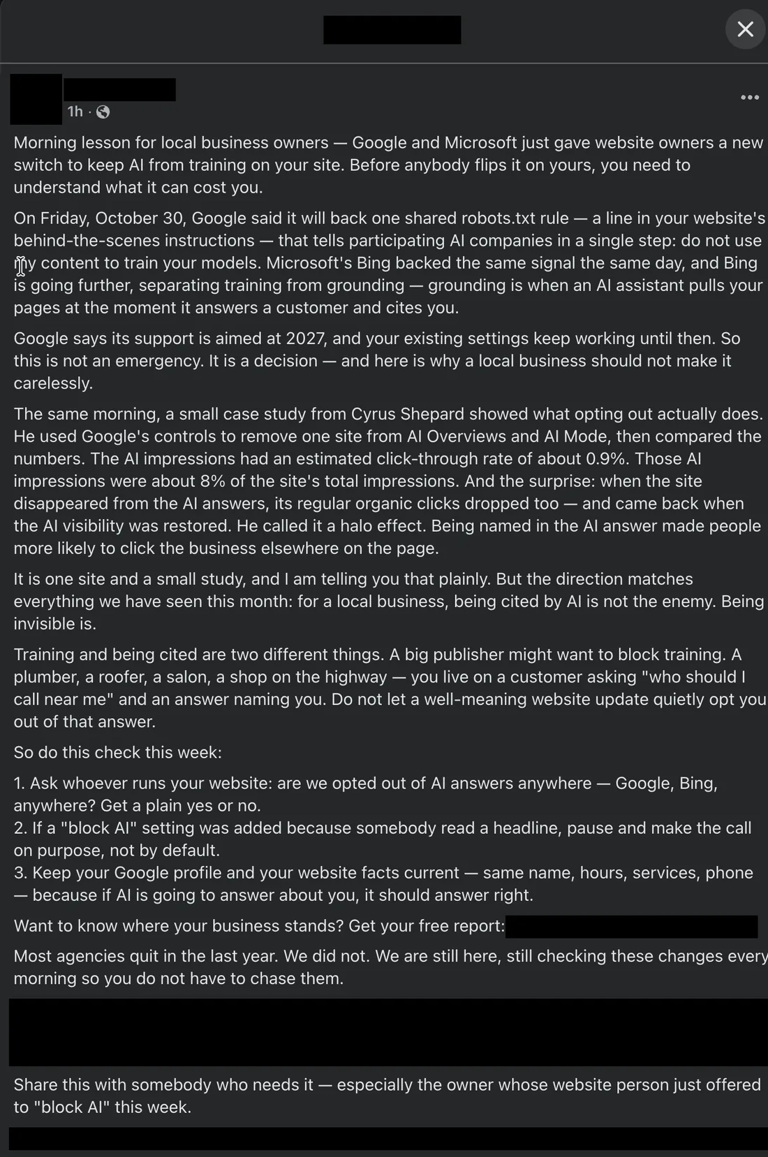Screenshot of a Facebook post warning local business owners about a new AI training control, with the author's name, photo, promotional link and sign-off blacked out