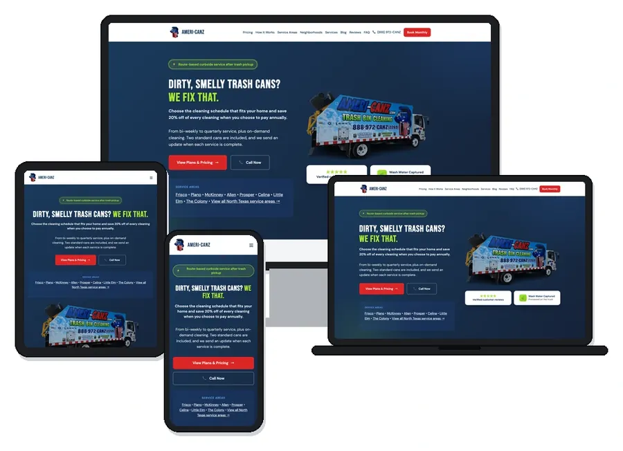Ameri-CANZ trash bin cleaning website home page (North Texas) shown on desktop, laptop, tablet and phone