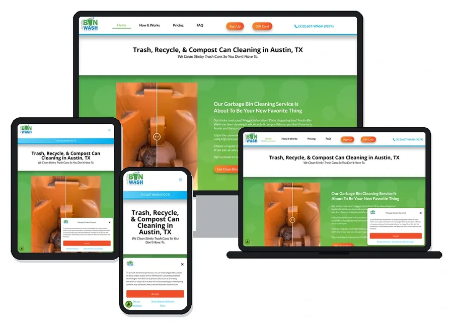 Austin Bin Wash trash bin cleaning website home page (Austin, Texas) shown on desktop, laptop, tablet and phone