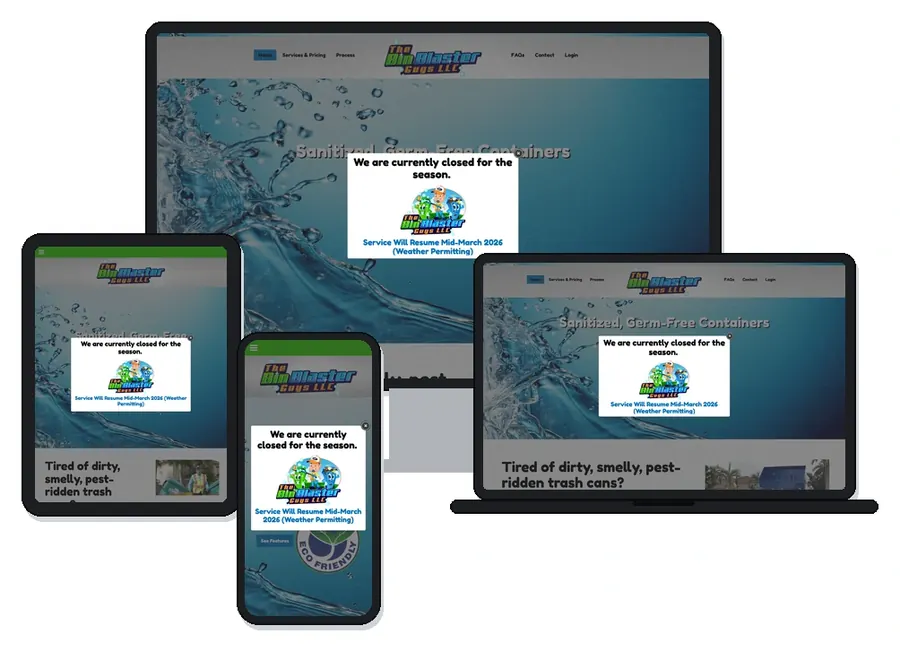 The Bin Blaster Guys trash bin cleaning website home page (Rockford, Illinois) shown on desktop, laptop, tablet and phone