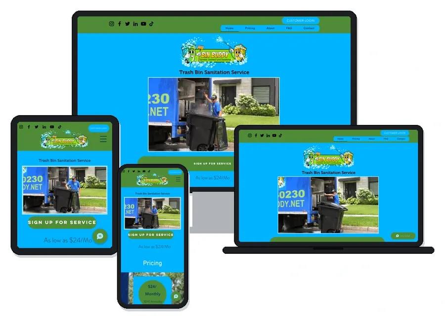 Bin Buddy trash bin cleaning website home page (Metro Detroit, Michigan) shown on desktop, laptop, tablet and phone